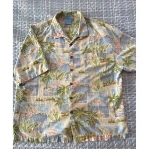 Bermuda Bay‎ Silk Hawaiian Shirt Flamingo Palm Trees Men's XXL